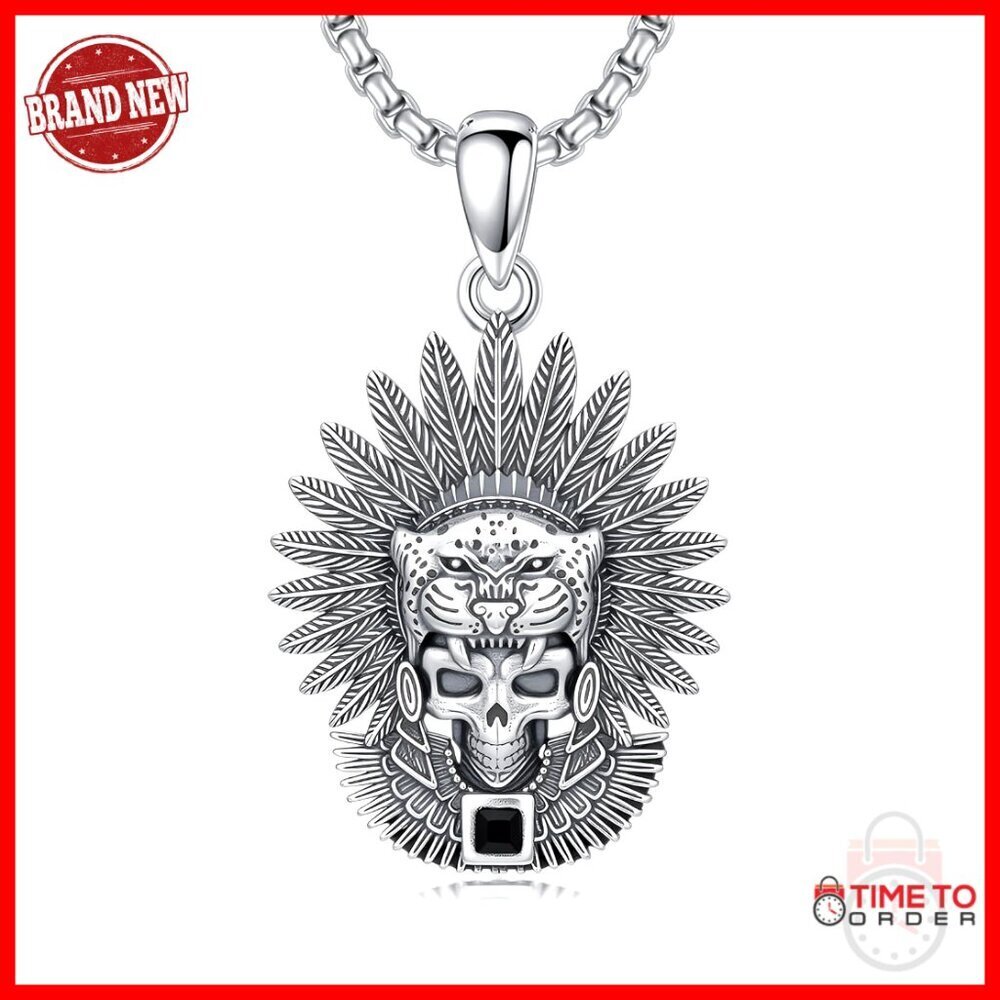 Sterling Silver Skull Necklace Adjustable Chain Aztec Jaguar Warrior Jewelry